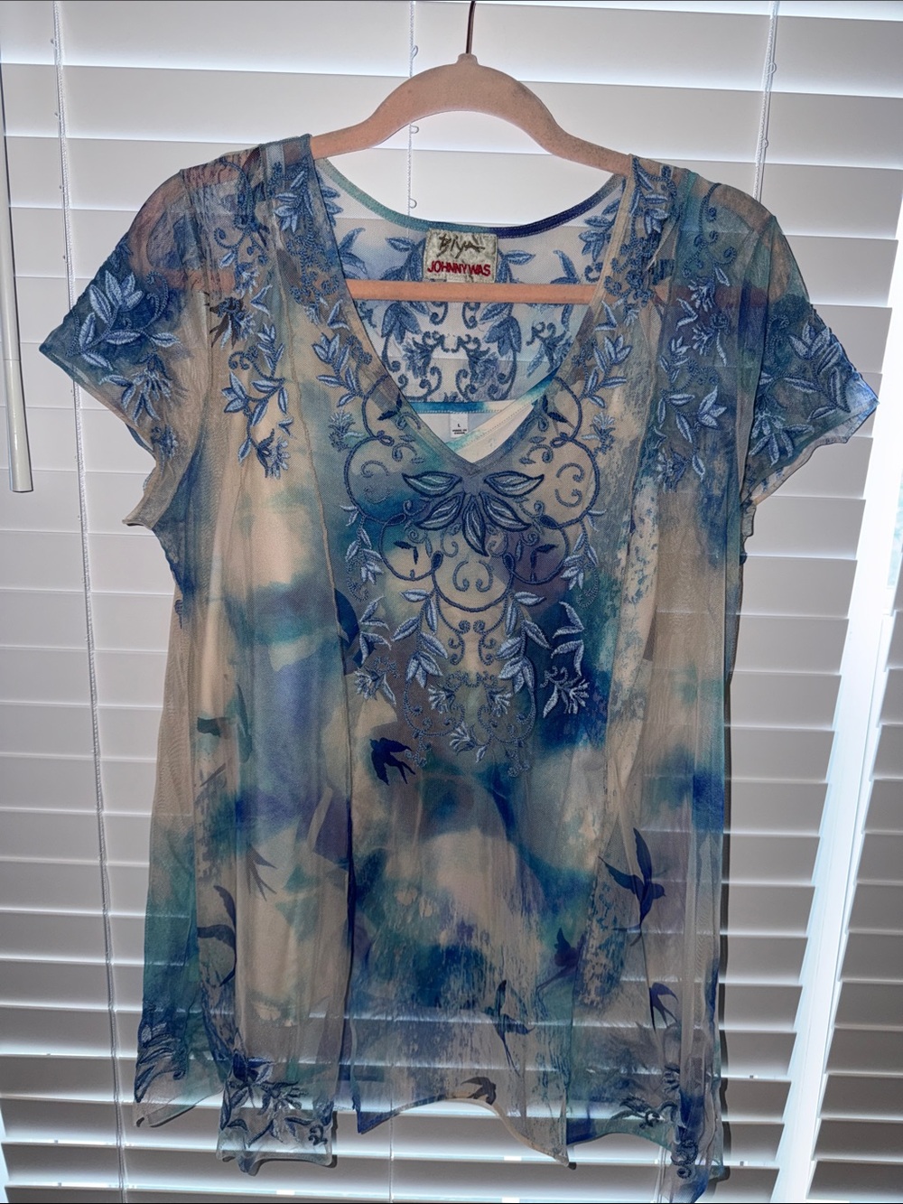 Johnny Was Blue and Cream Sheer Embroidered V-Neck Tunic